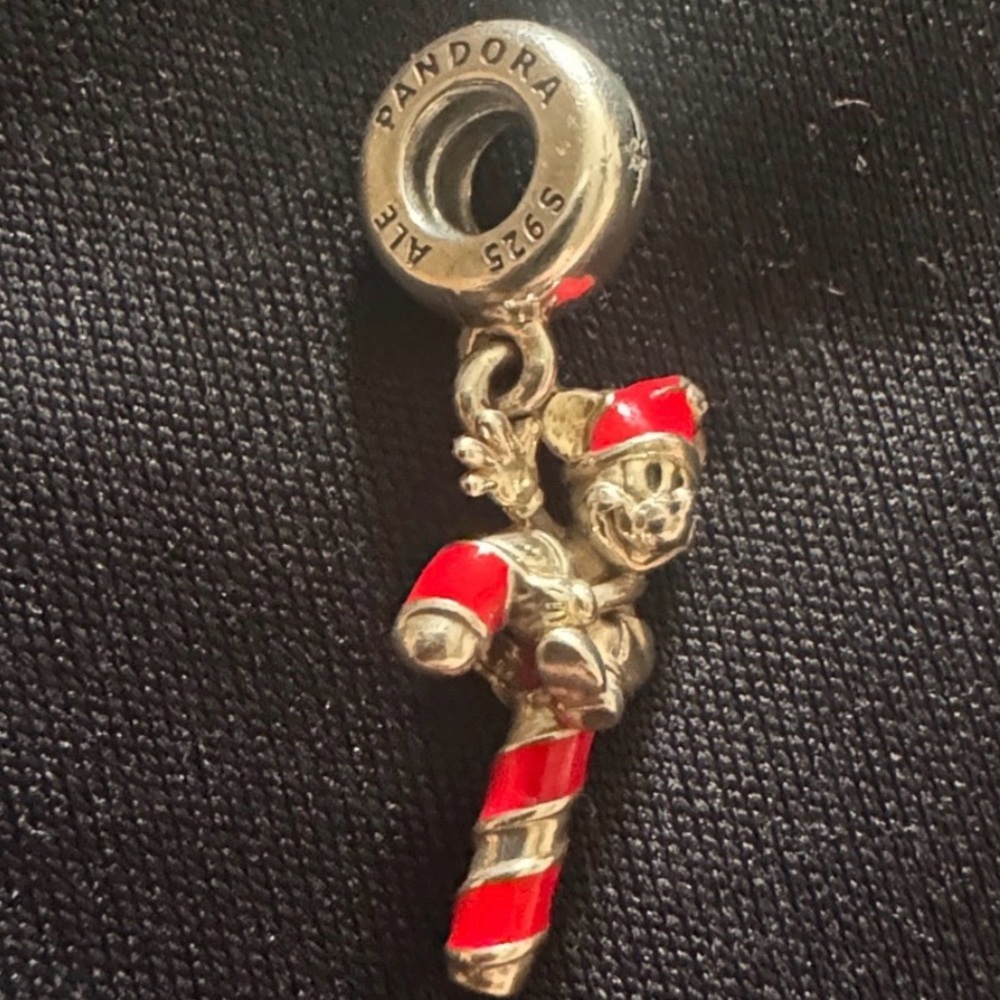 Pandora Silver Mickey Mouse Candy Cane Charm with Red Accents